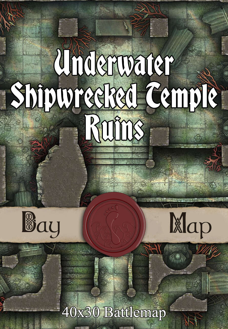 40x30 Battlemap Underwater Shipwrecked Temple Ruins Seafoot Games