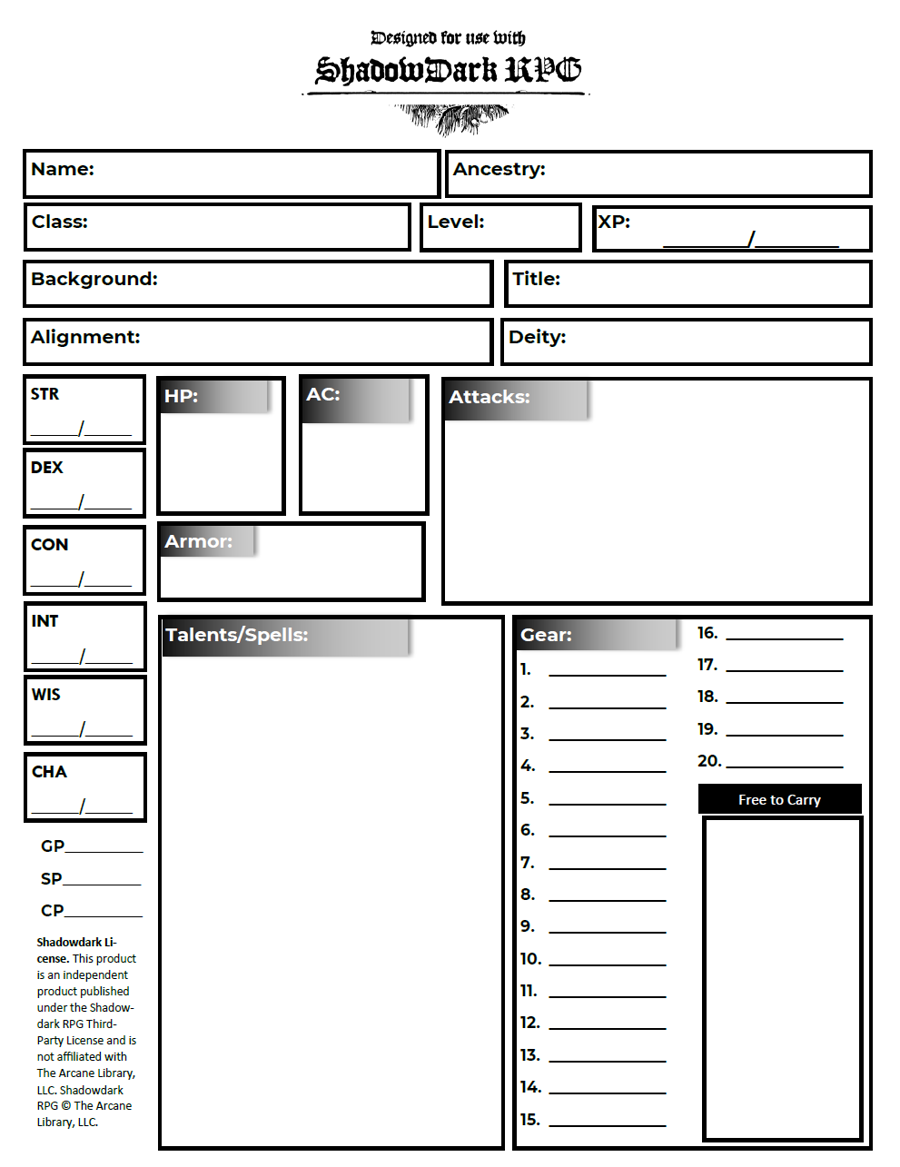 Shadowdark Character Sheet Jeff Craigmile Drivethrurpg