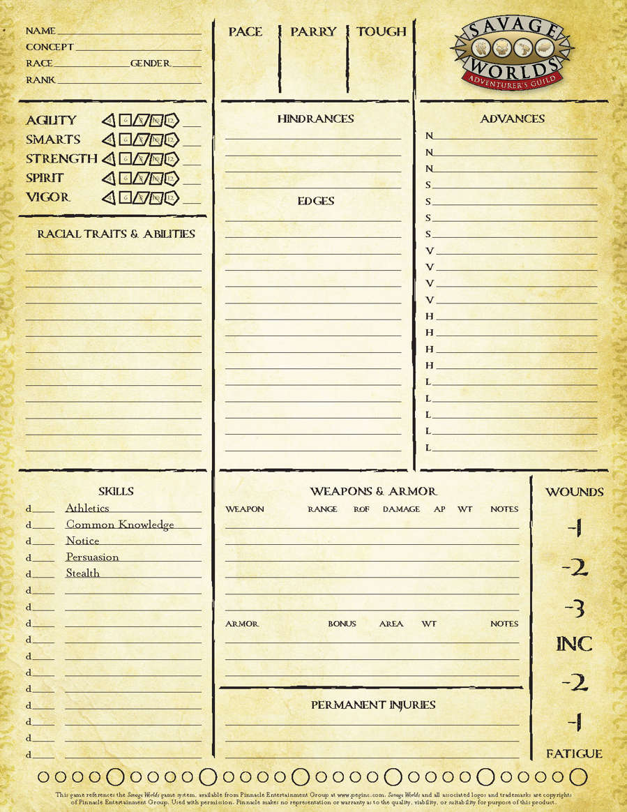 Savage Worlds Fillable Character Sheet Generic Fantasy Pinnacle