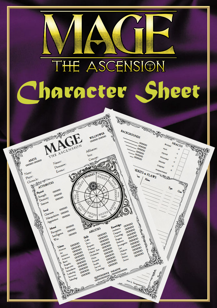 Mage: The Ascension – Arcane Character Sheet (Vintage