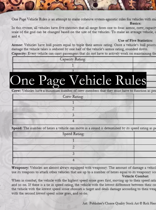 One Page Vehicle Rules Lernaean Studio DriveThruRPG