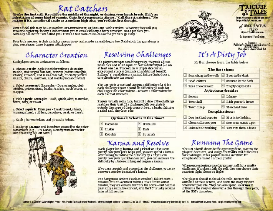 Ratcatchers - 1 sheet micro setting for Tricube Tales and other rules lite TTRPGs — publisher cover
