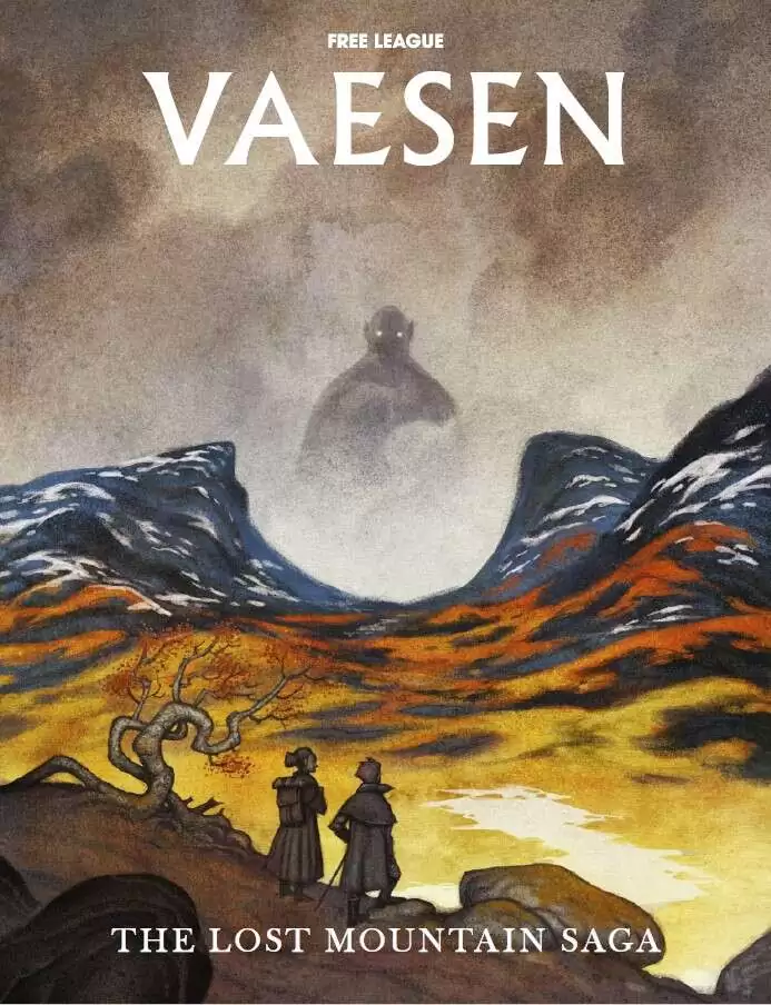 image: two small figures overlook a valley bounded by mountains with a u shaped pass in the middle.  a giant figure stands in the opening, obscured by fog.