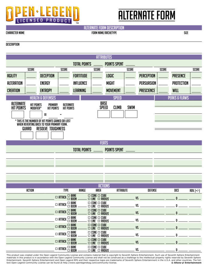 Alternate Form Character Sheet [Open Legend] - 1 to 20 Games | DriveThruRPG