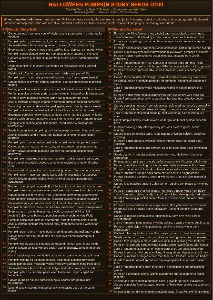 100 Halloween Pumkin themed adventure seeds