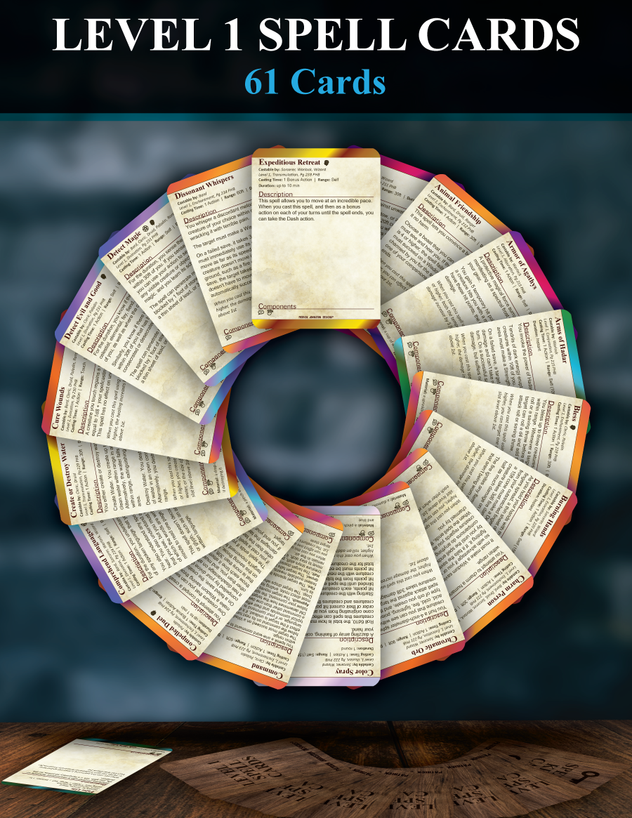 dnd holographic spell cards Stratagem Pocket 5e Compatible Quick Reference Class Ability TTRPG Fantasy RPG Accessories Wizard Toys find over 250 cards of spell levels 4 to 9 for reality 5e Level 1 Spell Cards