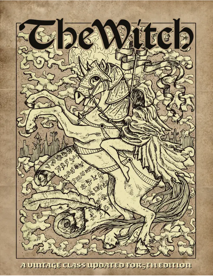 The cover of "The Witch" features a cloaked witchy figure riding an armored horse in a wood-block art style.