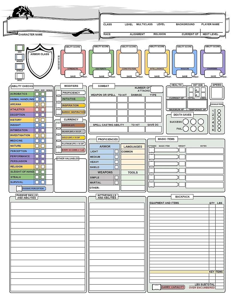 Color Coded - Auto Calculating - Character Sheet for 5e Dungeons and Dragon...
