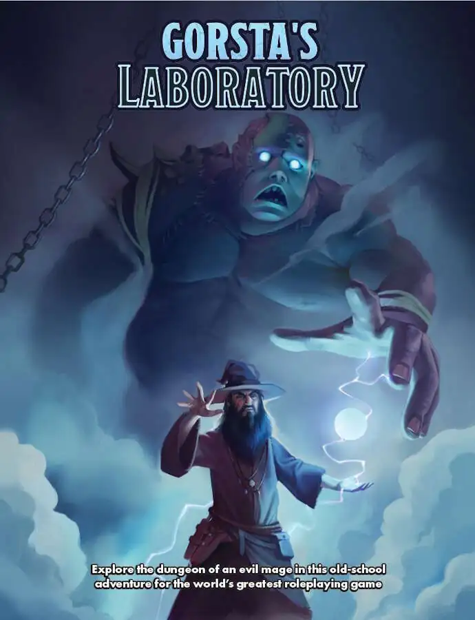 Cover of "Gorsta's Laboratory." Shows a wizard standing in front  of a golem.