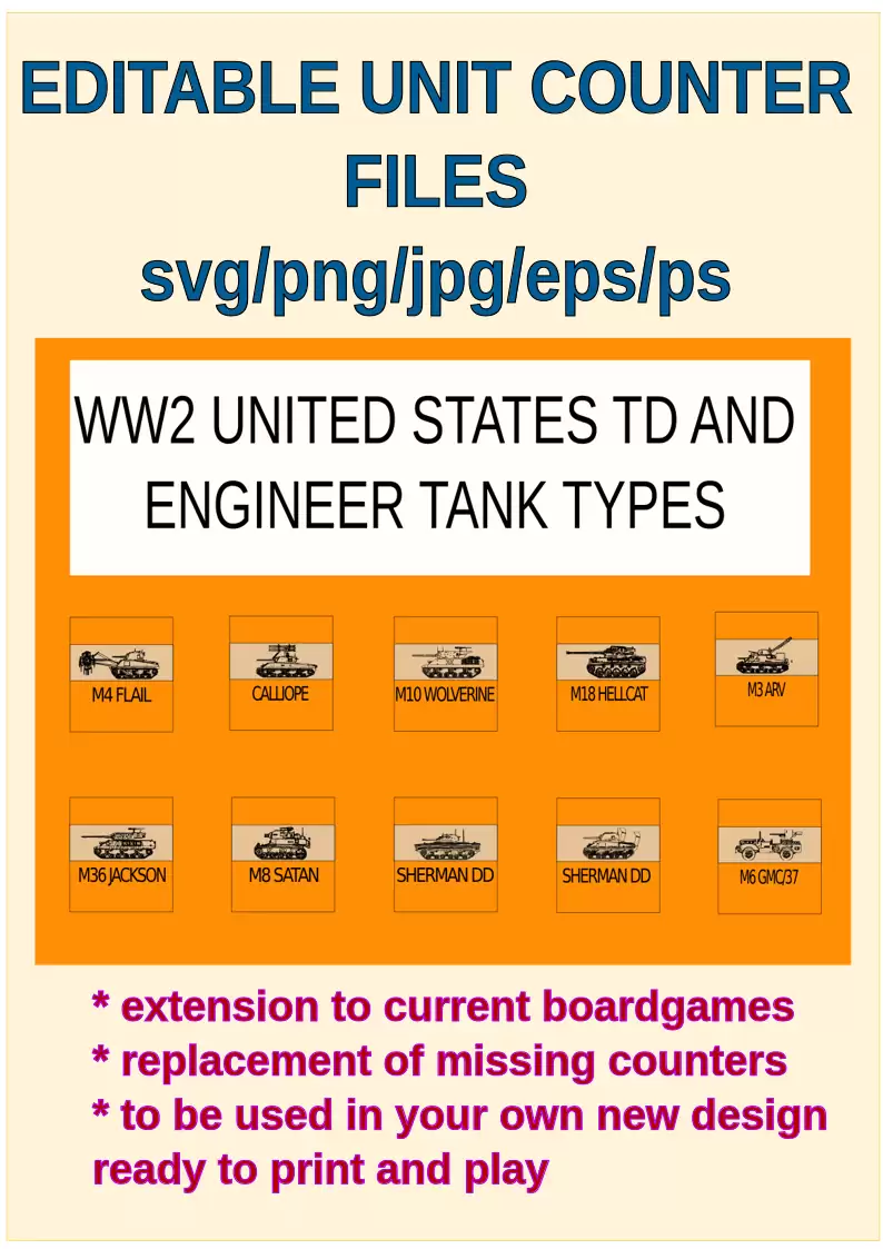 EDITABLE VECTOR GRAPHIC WW2 US TD &amp; ENGINEER Unit Counters for ...