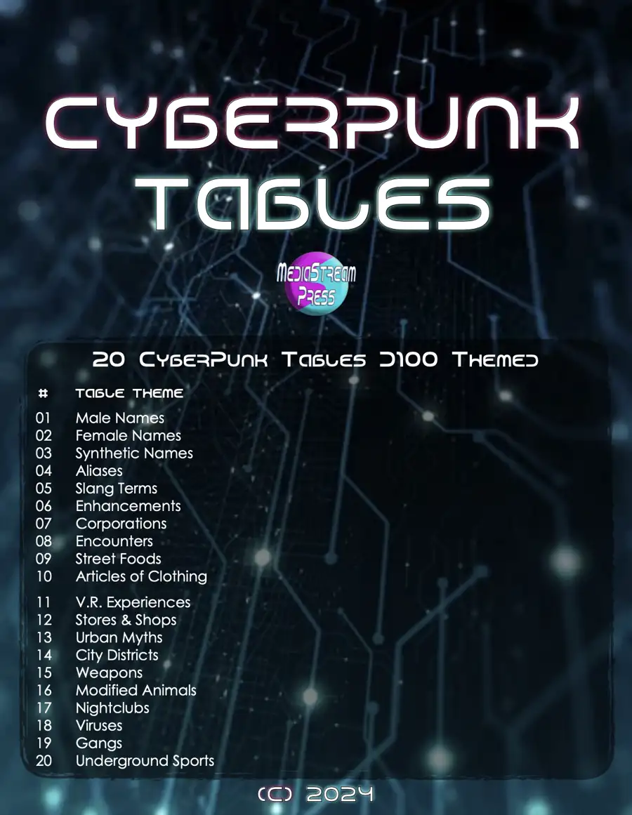 Cover of Cyberpunk Tables - BUNDLE of 20 d100 tables for 2000 gaming ideas in CyberPunk Settings!