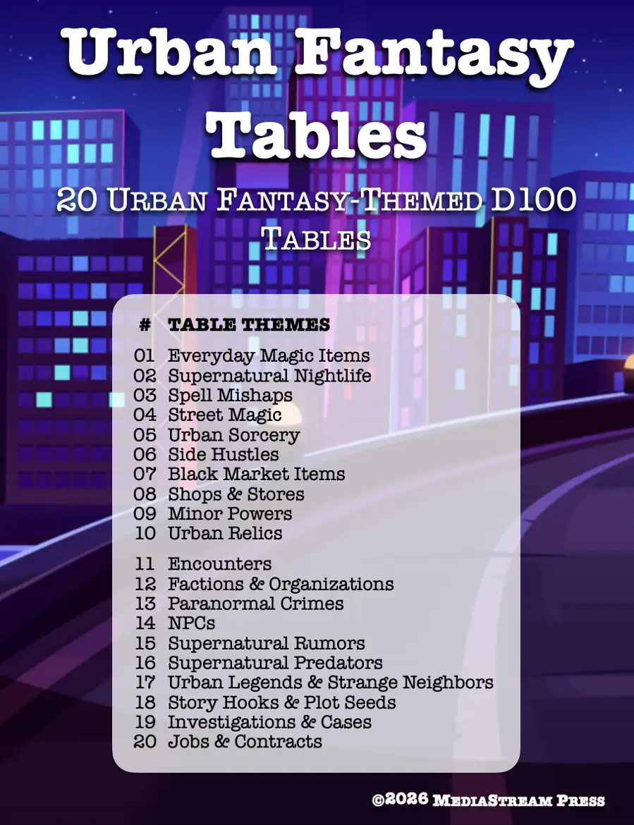 Urban Fantasy Tables - BUNDLE of 20 d100 tables for 2000 gaming ideas for modern day supernatural adventures and stories!