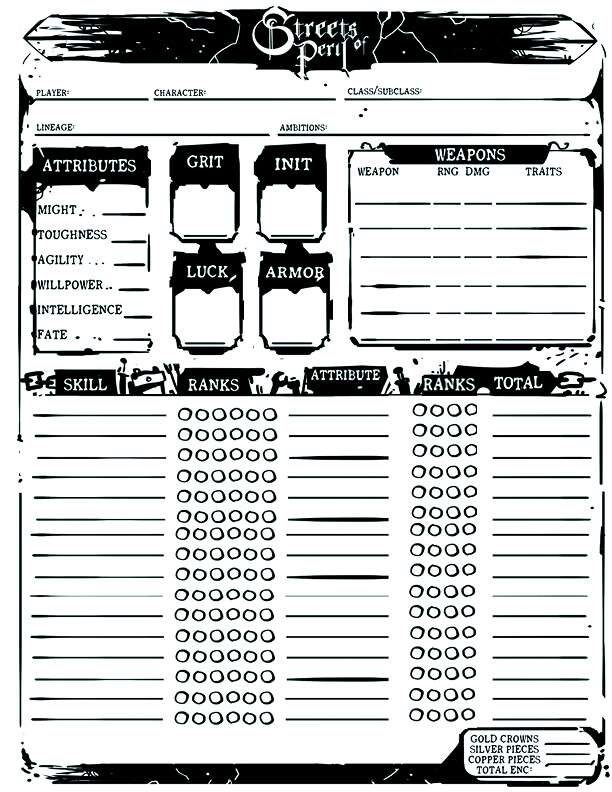 Drivethrurpg Inventory Sheet.pdf Streets of Peril Character Sheet: Fillable PDF - Broken Blade ...