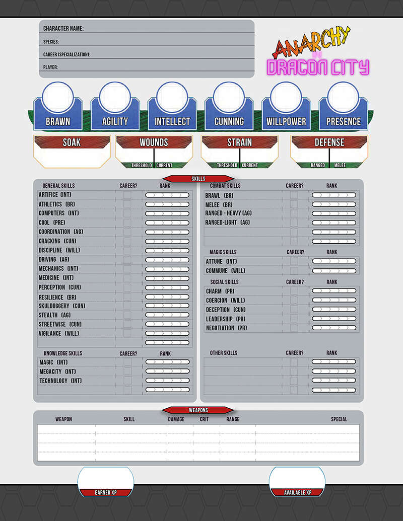 Anarchy In Dragon City - Genesys Character Sheet - Edge Studio 