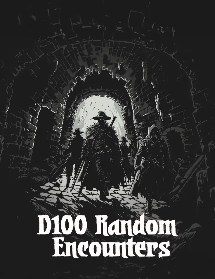 Cover art for 'D100 Random Encounters' is a black and white illustration of roguish figures walking through a tunnel.