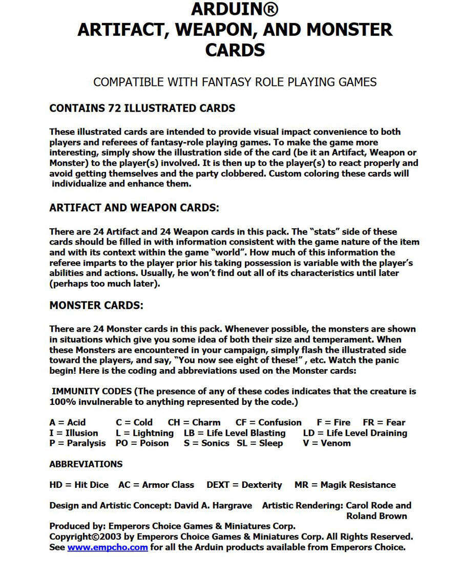 Arduin 72 Artifact, Weapon and Monster cards - Emperors Choice Games &  Miniatures C | DriveThruRPG