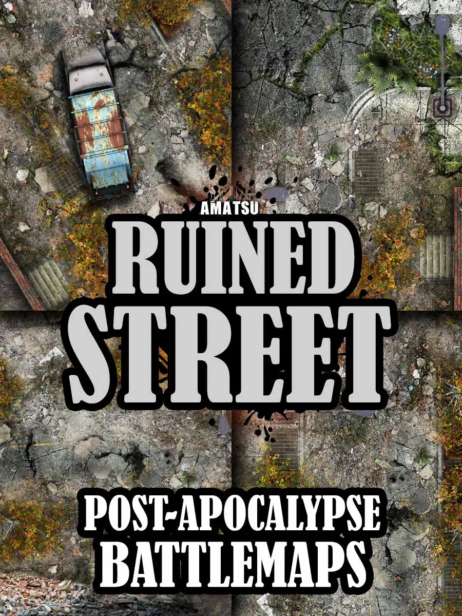 Post apocalyptic battlemap : Ruined Street ☣️ Destroyed city RPG 
