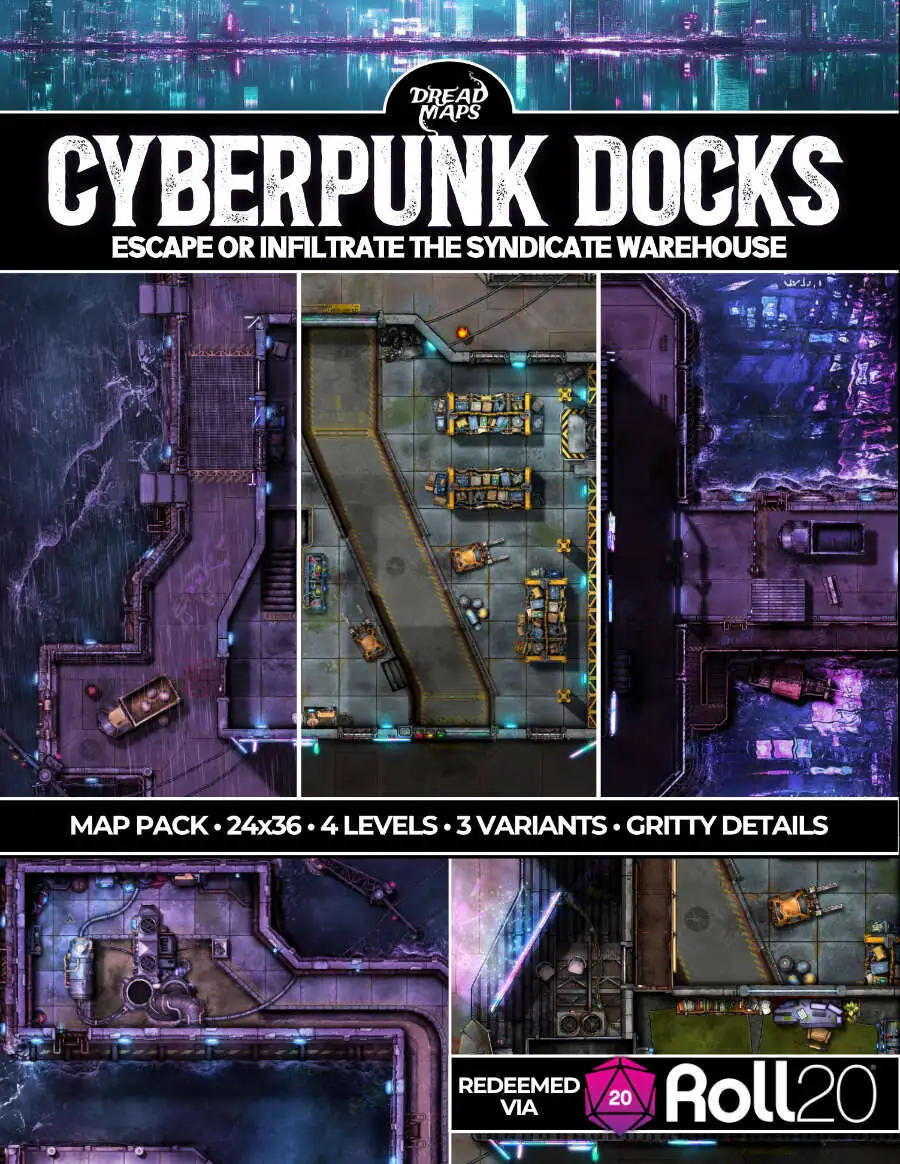 Cyberpunk Docks - 4 Level Port and Dock Warehouse Battlemap (Roll20 ...