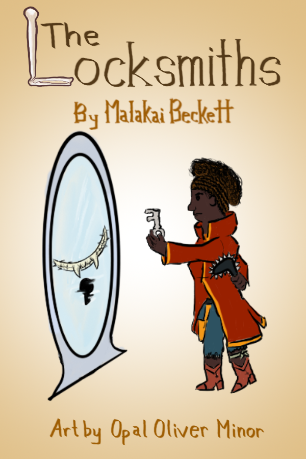 drawn cover of game titled The Locksmiths with the L made out of bones a black woman in a red trenchcoat holding a spiked boomerang and magical key made of bone looks fiercely into an antique mirror which has a distorted cheshire grin with teeth and fangs in the reflection and a pitch black glitching and distorted keyhole