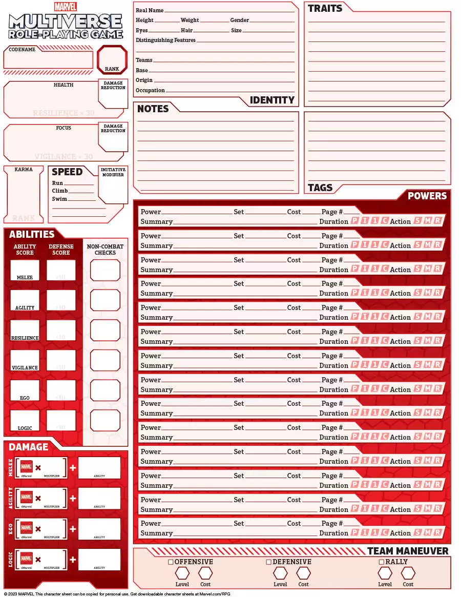 Marvel Multiverse Role Playing Game Fillable Character Sheet Marvel Drivethrurpg