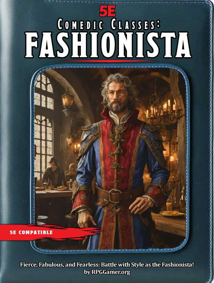 Cover of "Comedic Classes: Fashionista" features a man in a stylish blue and red coat in a nice tavern.