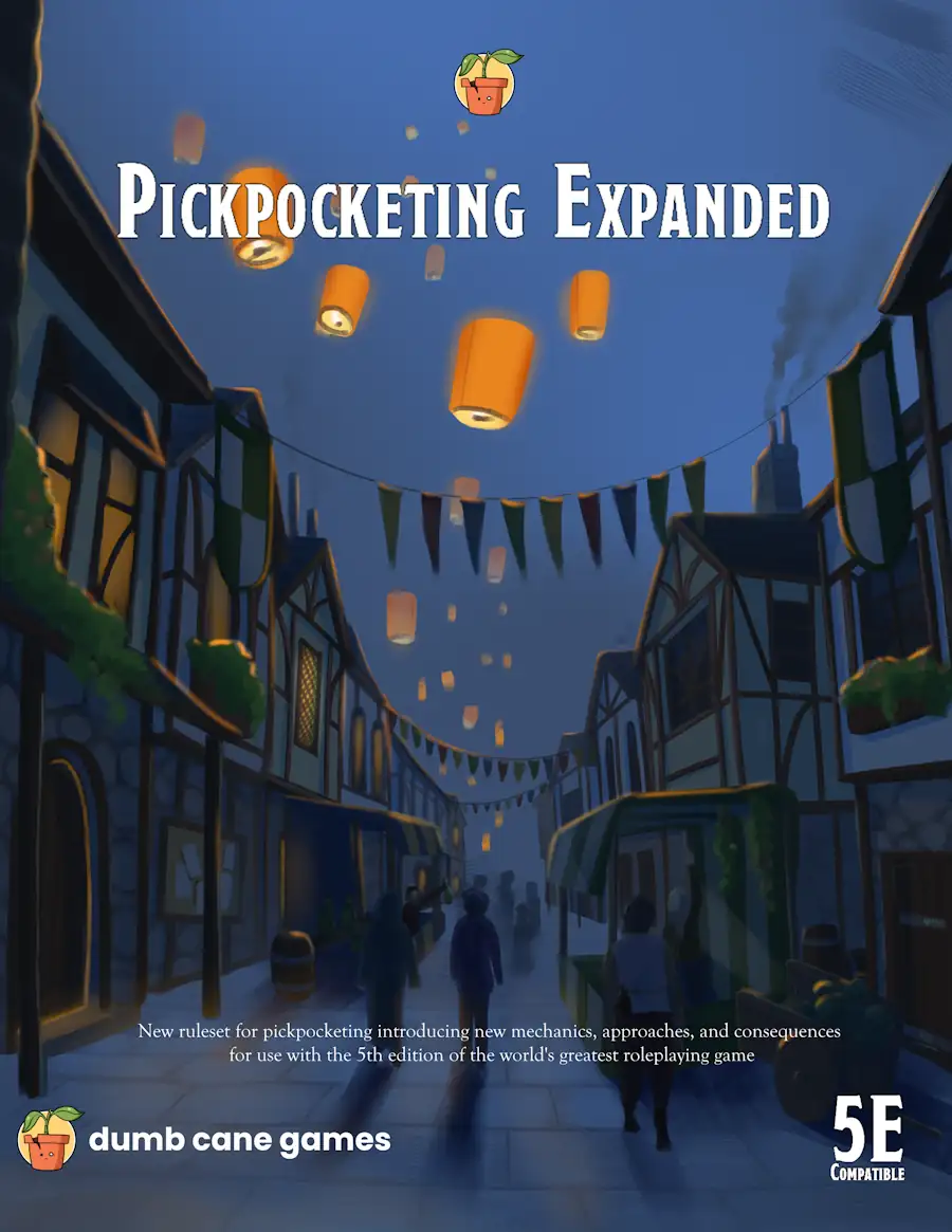 Cover art for 'Pickpocketing Expanded' shows a quiet town at night with yellow floating lanterns, people walk down the street.