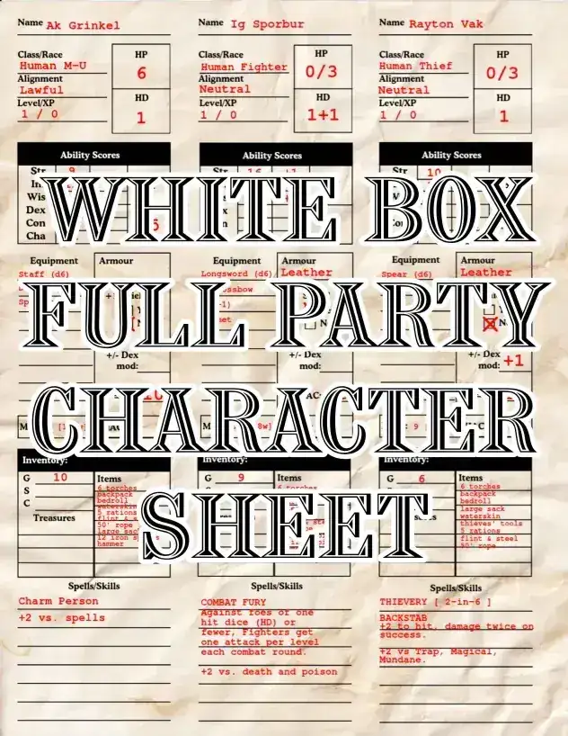 White Box Full Party Character Sheet