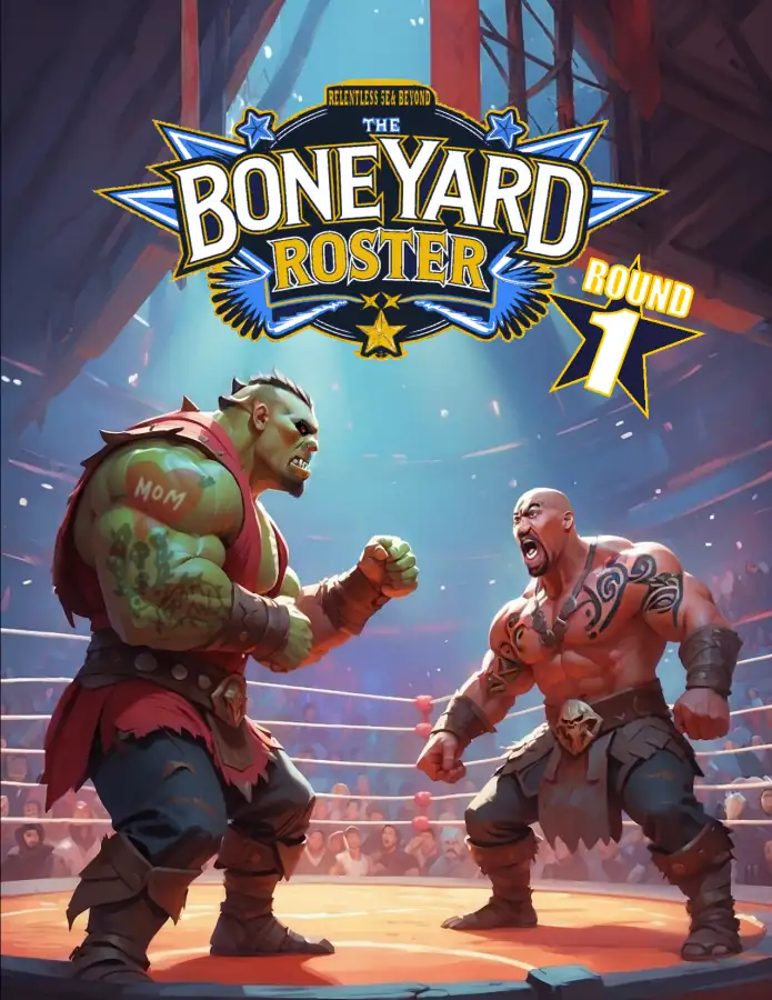 Cover art for 'Boneyard Roster 1' features an orc and a human ready to fight in a wrestling ring.