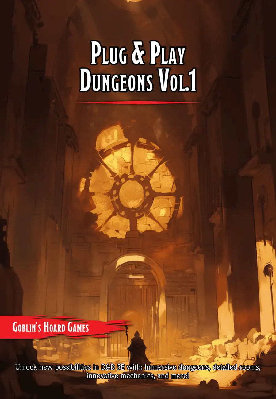 The Cover of "Plug & Play Dungeons Vol. 1." Shows a shadowed figure standing in front of a massive door.