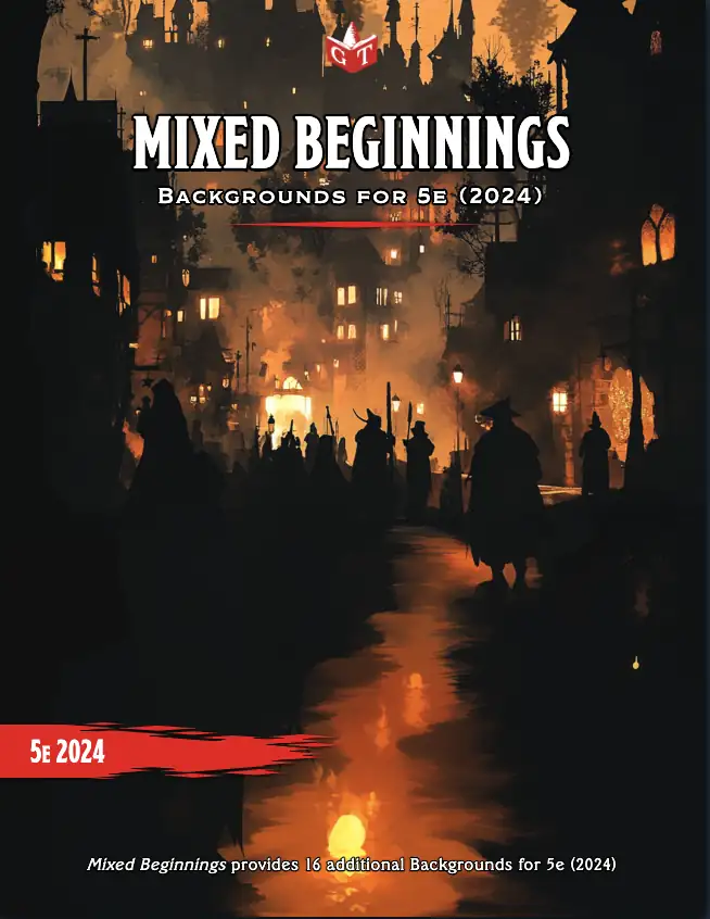 Cover art for 'Mixed Beginnings' features a dark, foggy or smokey city at night. The city is lit by lanterns and possibly a fire in the middle distance. In the foreground we see silhouettes of people. 