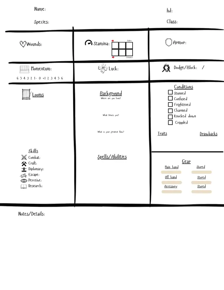 TALES From the Loom solo play character sheet