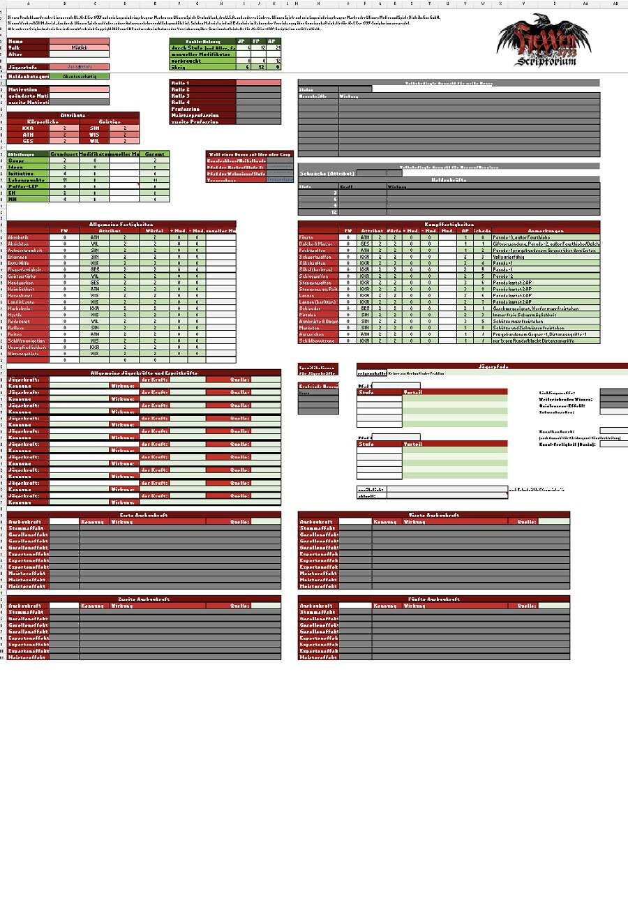 HeXXen 1733-Charakterbogen in Excel (halb-automatisiert)