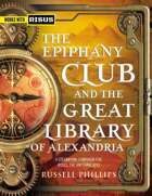 Book cover for The Epiphany Club and the Great Library of Alexandria by Russell Phillips. Large ornate compass on the left, with the title and author name to the right. The background is a desert scene with pyramids.