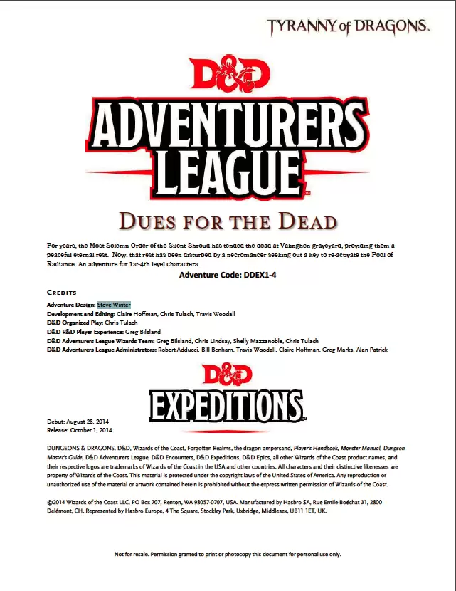 DDEX1-04 Dues for the Dead (5e) - Wizards of the Coast | D&D 5th