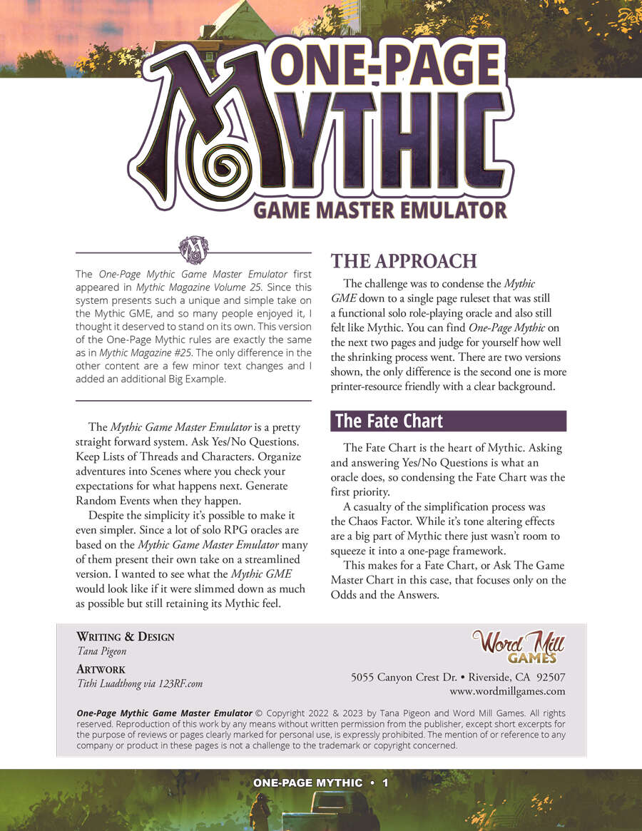 One-Page Mythic Game Master Emulator - Word Mill Games | Mythic |  DriveThruRPG