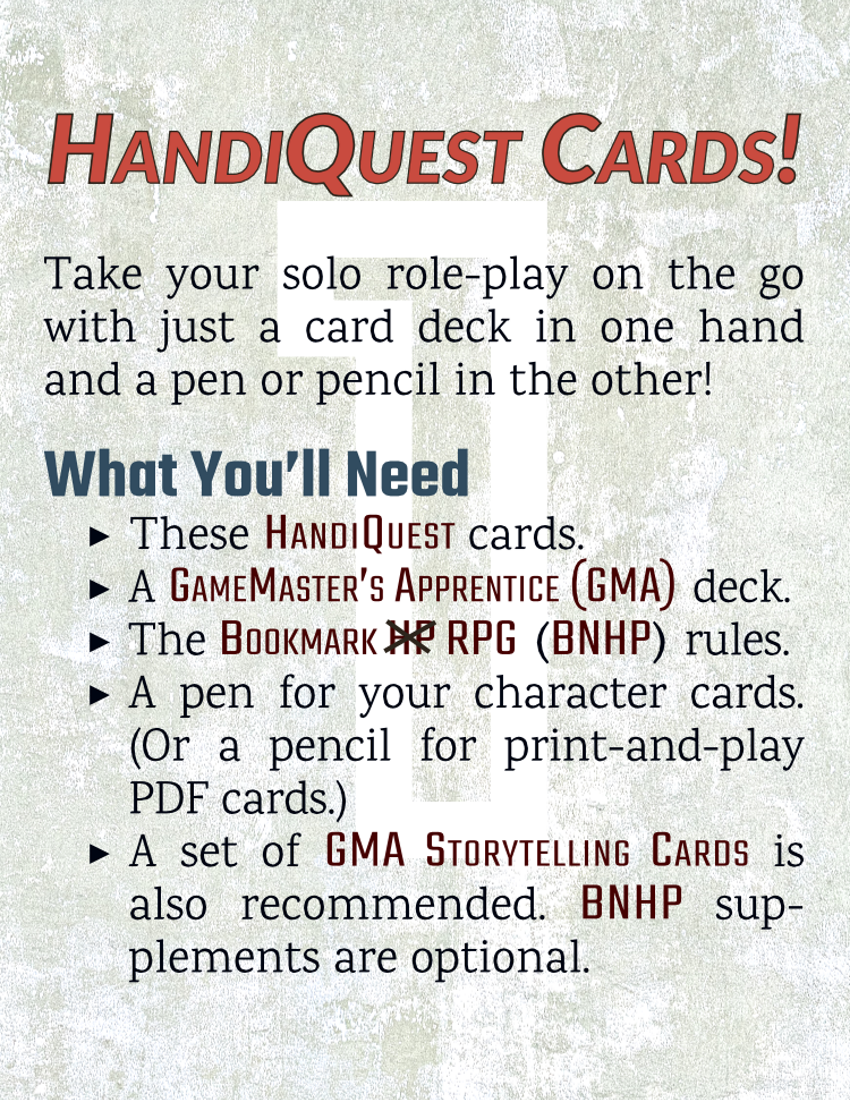 HandiQuest Cards! - Lester Smith Games | Bookmark No HP RPG | DriveThruRPG