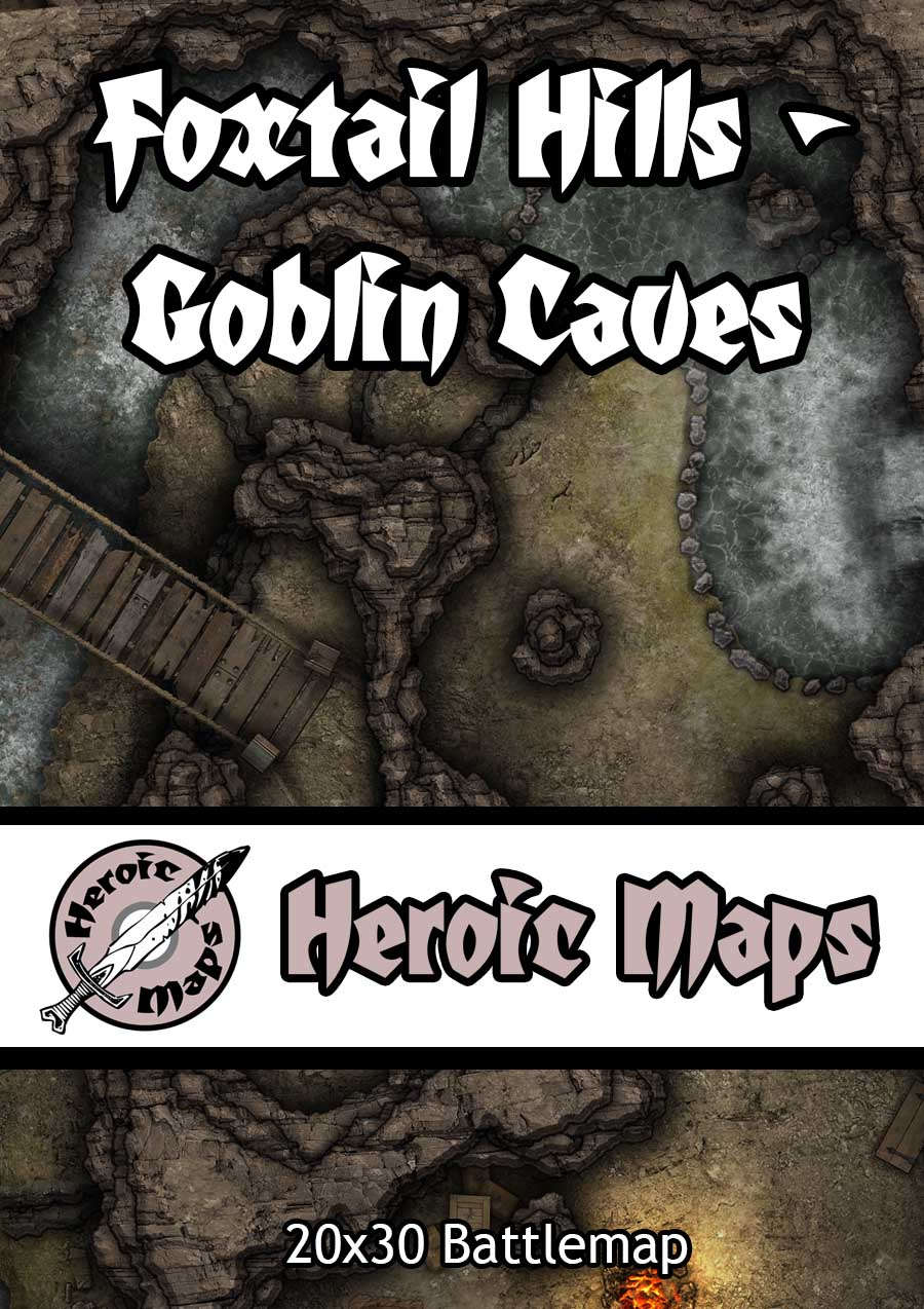 Heroic Maps - Foxtail Hills: Goblin Caves - Heroic Maps | Caverns & Tunnels  | Dungeons | Wilderness | Rivers | Countryside | Encounters | Forests |  Roll 20 Ready | DriveThruRPG