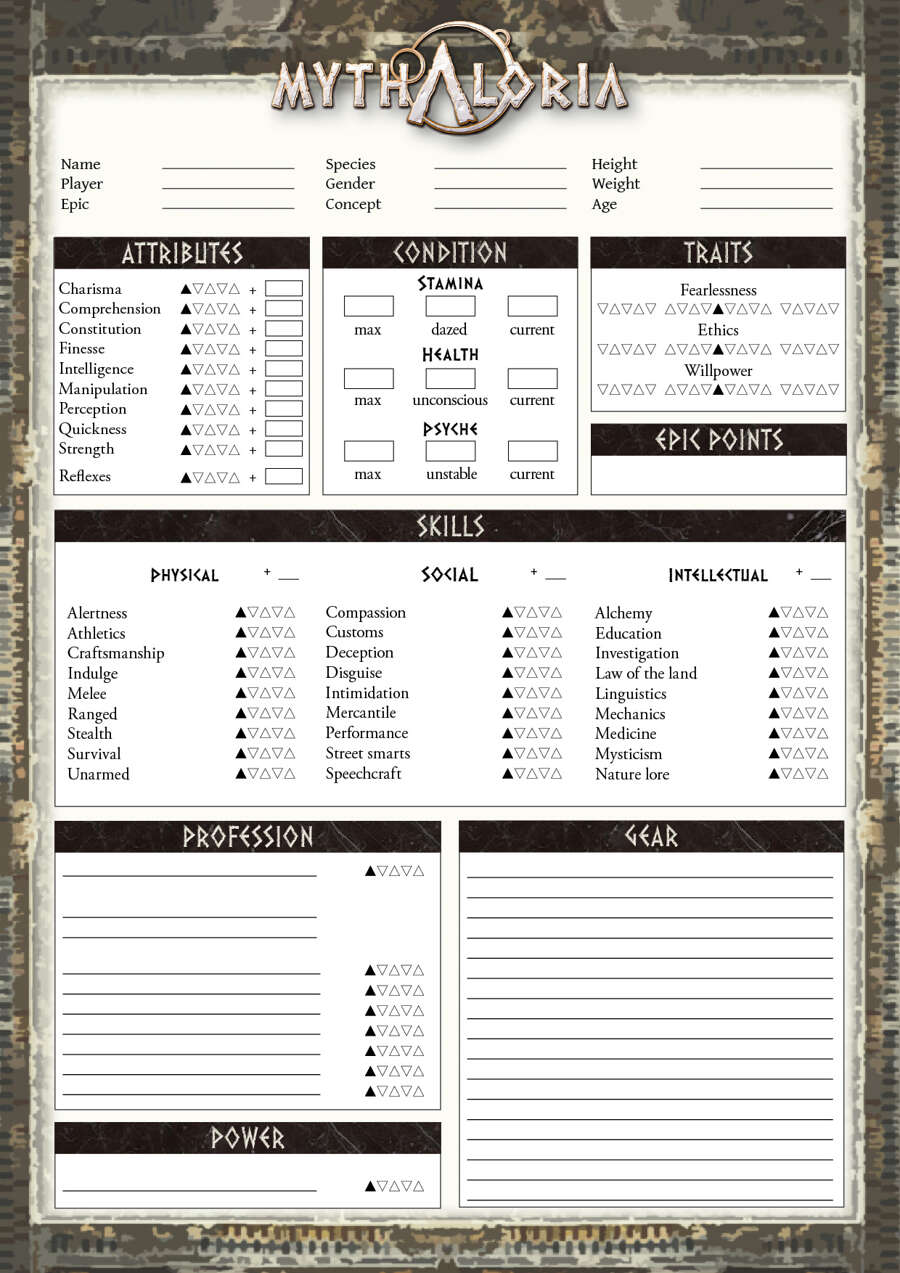 MYTHALORIA - Character Sheet - Heinrich-Tüffers-Verlag | DriveThruRPG