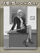 JEStockArt - Modern - Business Woman with Sword Sits On Office Desk - GWB