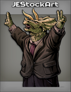 JEStockArt - SciFi - Mutant Saurian Dinosaur In Suit Holding Up Peace Signs - CNB
