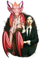 Filler spot colour - character: business woman with giant mantis - RPG Stock Art