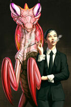 Quarter page - business woman with giant mantis - RPG Stock Art