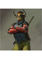 Colour card art - character: minotaur mercenary - RPG Stock Art