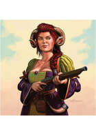 Colour card art - character: goat horned woman with blunderbuss - RPG Stock Art