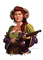 Colour cut out - character: goat horned woman with blunderbuss - RPG Stock Art