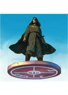 Colour card art - character: wizard flying on disk - RPG Stock Art