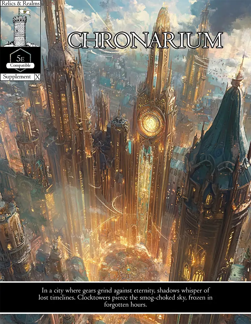 Cover art for 'Chronarium' features a high tech city with tall golden buildings.