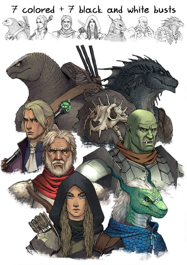 Character stock sketch and color series: 7 character portraits bundle ...
