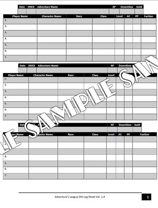 Adventurers League DM Log Sheet Dungeon Masters Guild DriveThruRPG