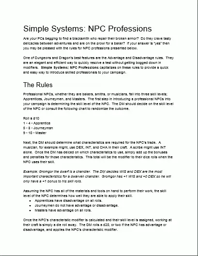 Simple Systems: NPC Professions - Dungeon Masters Guild | DriveThruRPG